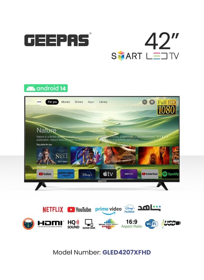 GEEPAS - 42" Smart LED TV- GLED4207XFHD/ Android 13 Powered, Full HD 1080, Advanced HQ Sound/ with Remote Control, HDMI and USB Ports, AV Mode/ Frameless Design - Image 1