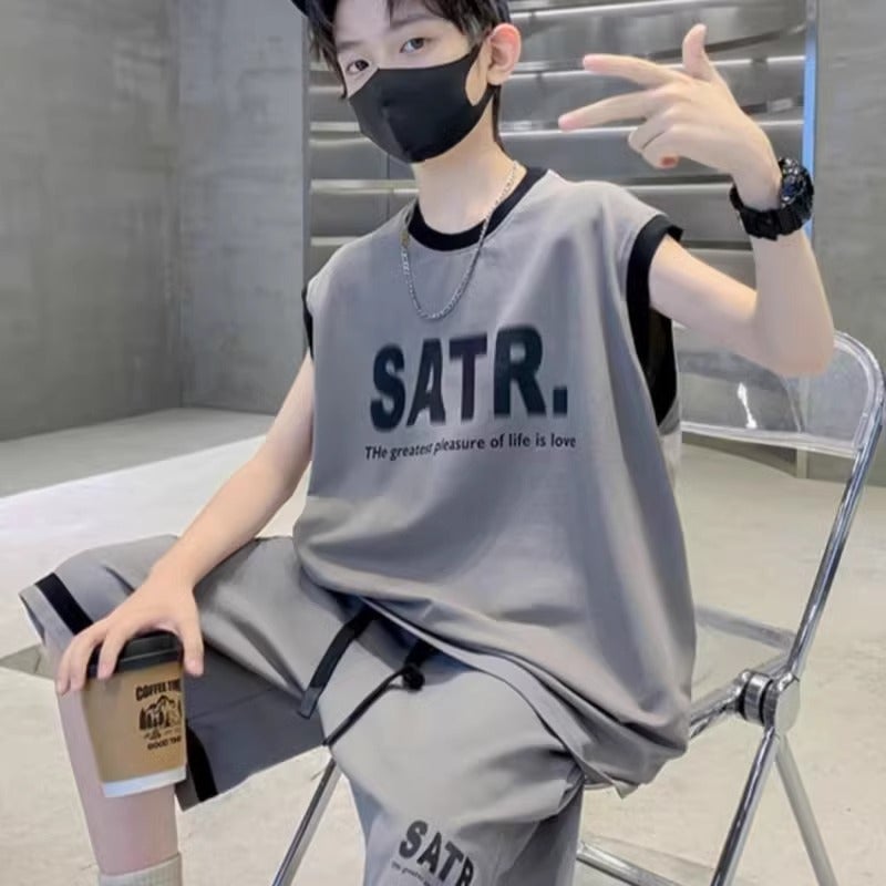 Boys' Sleeveless Suit Summer Children'S Vest Basketball Sportswear Shorts Two-Piece Set Big Boy'S Summer Fashion - Image 1