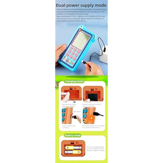 CARTOON BLOCK GAME CONSOLE DUAL GAME MODE 23/26 BRICCK GAME SILICONE BUTTONS POWERED BY RECHARGEABLE LITHIUM BATTERY/AA RETRO HAND TOY GIFTS FOR KIDS/TEENAGERS (GREEN) - Image 4