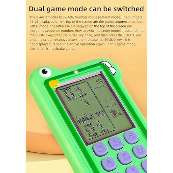 CARTOON BLOCK GAME CONSOLE DUAL GAME MODE 23/26 BRICCK GAME SILICONE BUTTONS POWERED BY RECHARGEABLE LITHIUM BATTERY/AA RETRO HAND TOY GIFTS FOR KIDS/TEENAGERS (GREEN) - Image 5