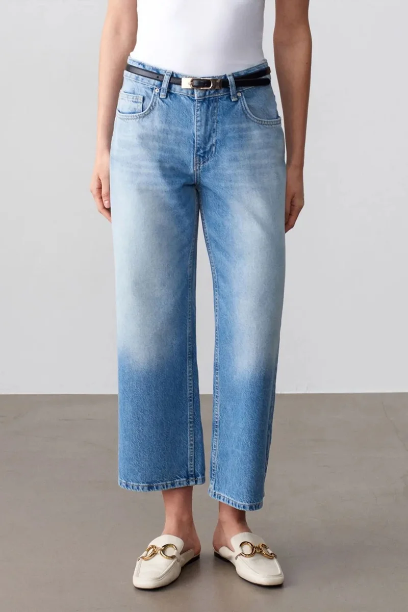 Dilvin Light-Mid Blue Denim DILVIN Low-Waist Wide-Leg Capri Jeans for Women | Best Price UAE