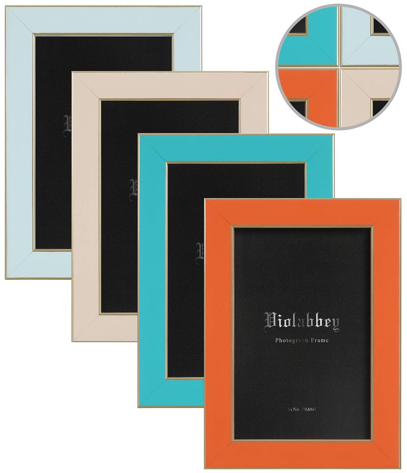 VIOLABBEY 5x7 Picture Frames Set of 4, Colorful Photo Frame of Modern Style, High Definition Tempered Real Glass, Wall Mounted or Tabletop Display (Blue+light blue+orange+apricot) - Image 1
