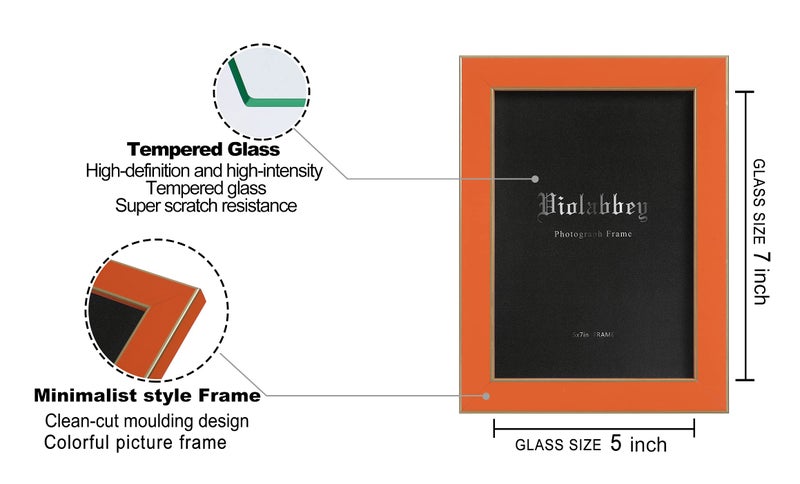 VIOLABBEY 5x7 Picture Frames Set of 4, Colorful Photo Frame of Modern Style, High Definition Tempered Real Glass, Wall Mounted or Tabletop Display (Blue+light blue+orange+apricot) - Image 3