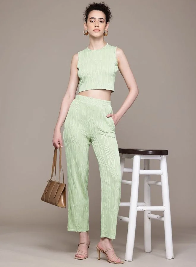 Freehand  Women Straight Fit Textured Sleeveless Mid Rise Top and Pant Co-Ord Set  | Best Price UAE