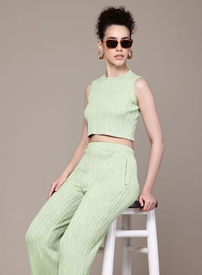 Women Straight Fit Textured Sleeveless Mid Rise Top and Pant Co-Ord Set