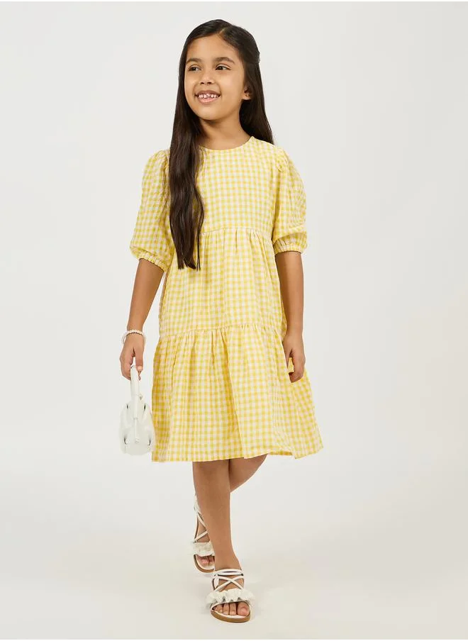 Styli Checked A-Line Tiered Dress with Puff Sleeve