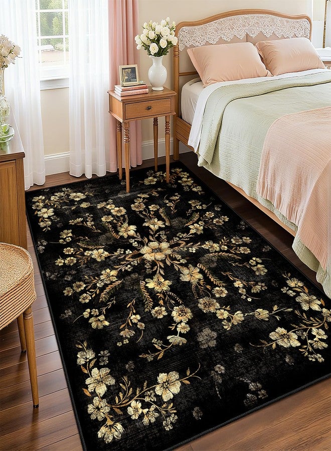 Castage Black Floral Rug 3x5 Washable Area Rugs for Bedroom Living Room Kitchen Entryway Bedside,Small Boho Vintage Bohemian Farmhouse Oriental Non Slip Carpet,Gold Flowers Decor - Image 2