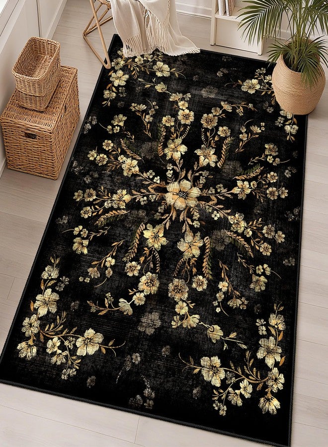 Castage Black Floral Rug 3x5 Washable Area Rugs for Bedroom Living Room Kitchen Entryway Bedside,Small Boho Vintage Bohemian Farmhouse Oriental Non Slip Carpet,Gold Flowers Decor - Image 1
