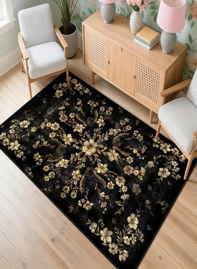 Castage Black Floral Rug 3x5 Washable Area Rugs for Bedroom Living Room Kitchen Entryway Bedside,Small Boho Vintage Bohemian Farmhouse Oriental Non Slip Carpet,Gold Flowers Decor - Image 4