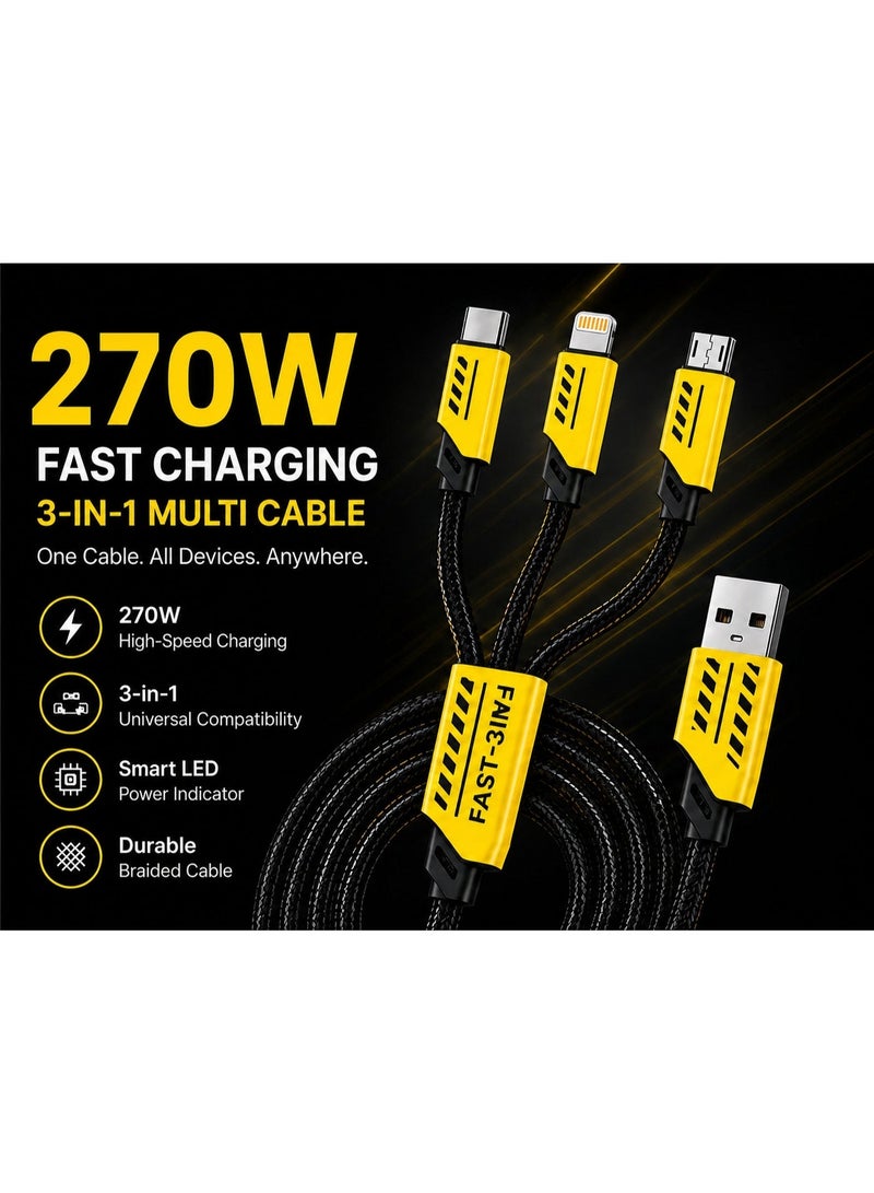 كابل شحن سريع 270 واط 3 في 1 مع شاشة ذكية، وشاشة LED لعرض الطاقة، وكابل USB لأجهزة iPhone وAndroid من النوع C، ومضفر من النايلون المسطح - Image 1