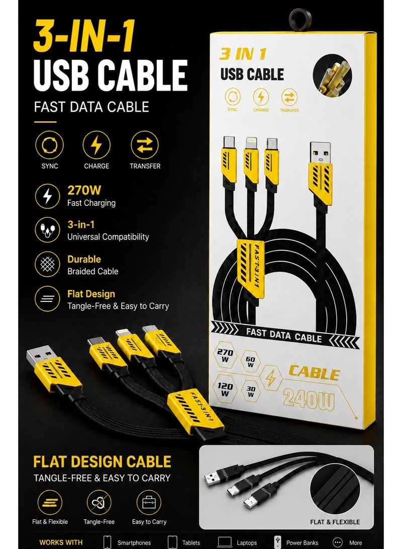 كابل شحن سريع 270 واط 3 في 1 مع شاشة ذكية، وشاشة LED لعرض الطاقة، وكابل USB لأجهزة iPhone وAndroid من النوع C، ومضفر من النايلون المسطح - Image 3