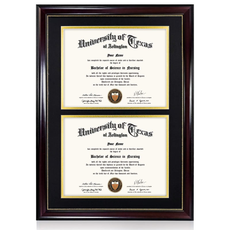 GraduationMall GraduationMall 14x20 Double Diploma Frame Display 85x11 Certificate with Black over Gold MatUV Protection AcrylicMahogany with Gold Beads 