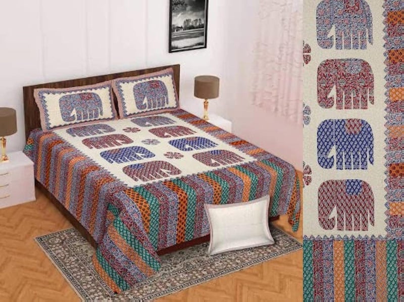 Blizz Mont by Jaipur Fabrics | 100% Cotton Badmeri Print Double Bedsheet with 2 Pillow Cover Set | 100% Fast Colour | Size- 100 x 108 Inch- (Design 7)-C1 - Image 1