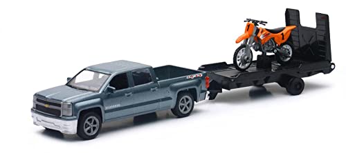 NewRay Toys 1:43 Chevy Silverado Pick Up Truck with Trailer and Dirt Bike - Image 2