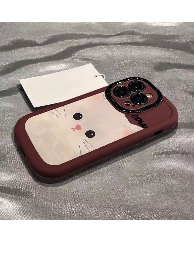 NIBEMINENT Cartoon Cat Protective TPU Case Cover For iPhone 16, Wine Red