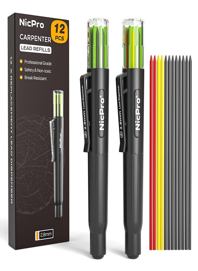 Nicpro 12 PCS Carpenter Pencil 2.8mm Lead Refills in A Replacement Lead Dispenser, Break Resistant 2.8 mm Leads for Construction Pencils, Woodworking Pencils (Black, Red, Yellow) - Image 1