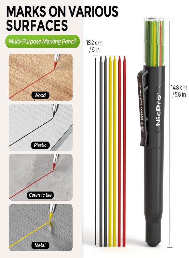 Nicpro 12 PCS Carpenter Pencil 2.8mm Lead Refills in A Replacement Lead Dispenser, Break Resistant 2.8 mm Leads for Construction Pencils, Woodworking Pencils (Black, Red, Yellow) - Image 2