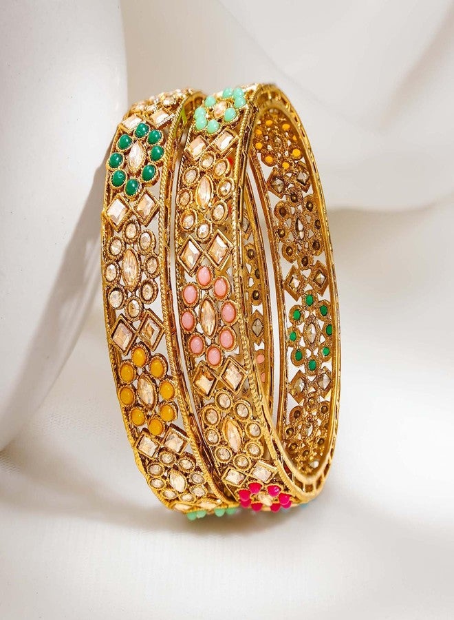 Rubans Set of 2 22K Gold Plated Multicolour Kundan Beaded Floral Bangles Traditional Wedding Jewellery for Women & Girls - Image 4