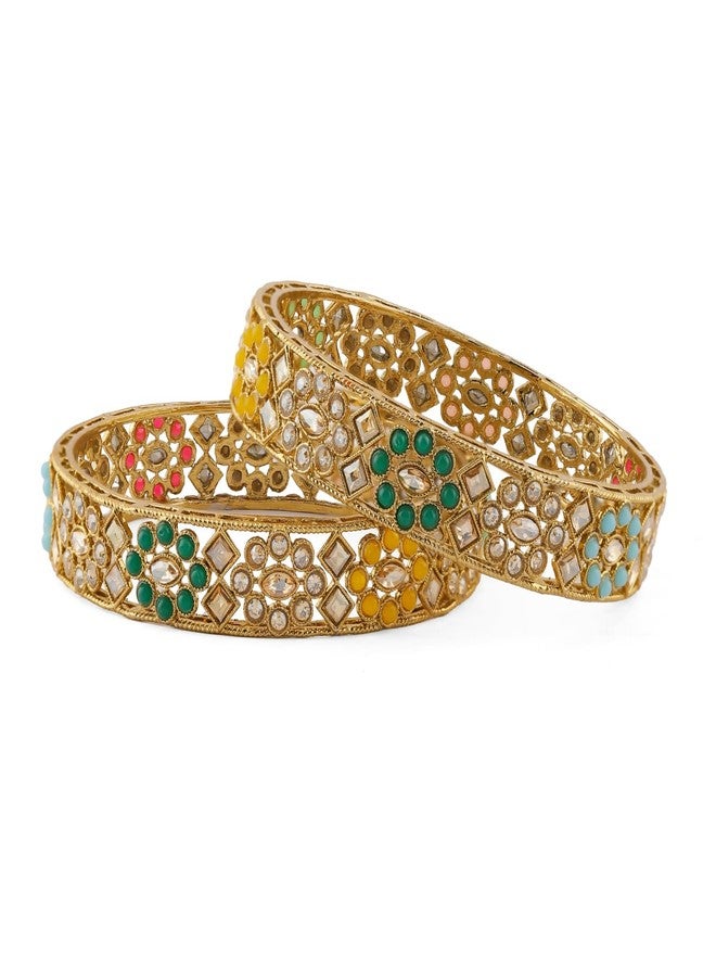 Rubans Set of 2 22K Gold Plated Multicolour Kundan Beaded Floral Bangles Traditional Wedding Jewellery for Women & Girls - Image 2