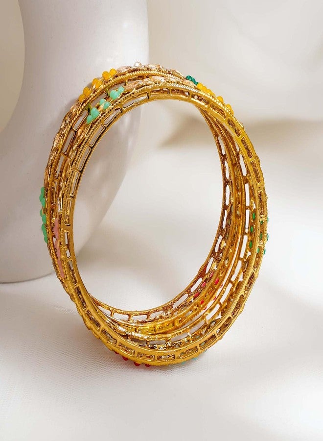 Rubans Set of 2 22K Gold Plated Multicolour Kundan Beaded Floral Bangles Traditional Wedding Jewellery for Women & Girls - Image 5