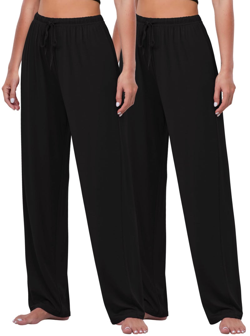 FEQO 2 Pack Women's Lounge Pants Wide Leg Yoga Pants Soft Pajama Bottoms Casual Loose Sweatpants Drawstring Black Yoga Pants, M - Image 1