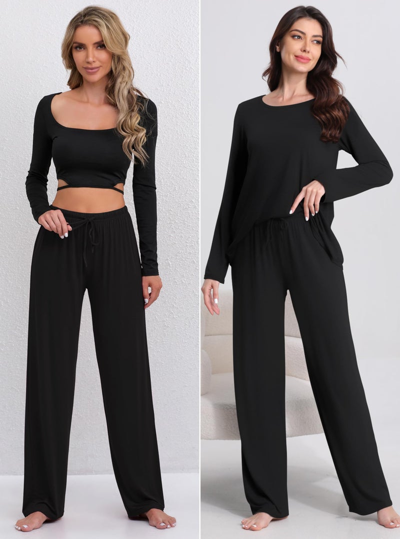 FEQO 2 Pack Women's Lounge Pants Wide Leg Yoga Pants Soft Pajama Bottoms Casual Loose Sweatpants Drawstring Black Yoga Pants, M - Image 5