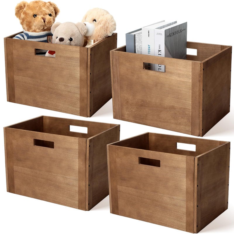 Menkxi 4 Pcs Stackable Wood Storage Cube for Shelves Closet Wooden Bins Box Wood Crates Storage Baskets Container for Toy Books Clothes Home Office, Dark Brown(14 x 10 x 10 Inch) - Image 1