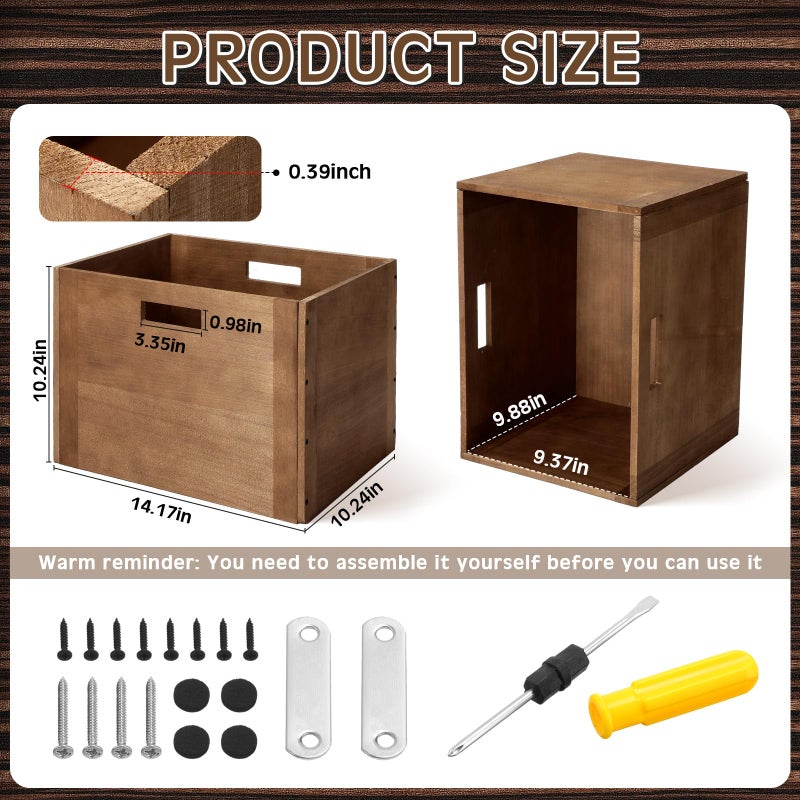Menkxi 4 Pcs Stackable Wood Storage Cube for Shelves Closet Wooden Bins Box Wood Crates Storage Baskets Container for Toy Books Clothes Home Office, Dark Brown(14 x 10 x 10 Inch) - Image 2
