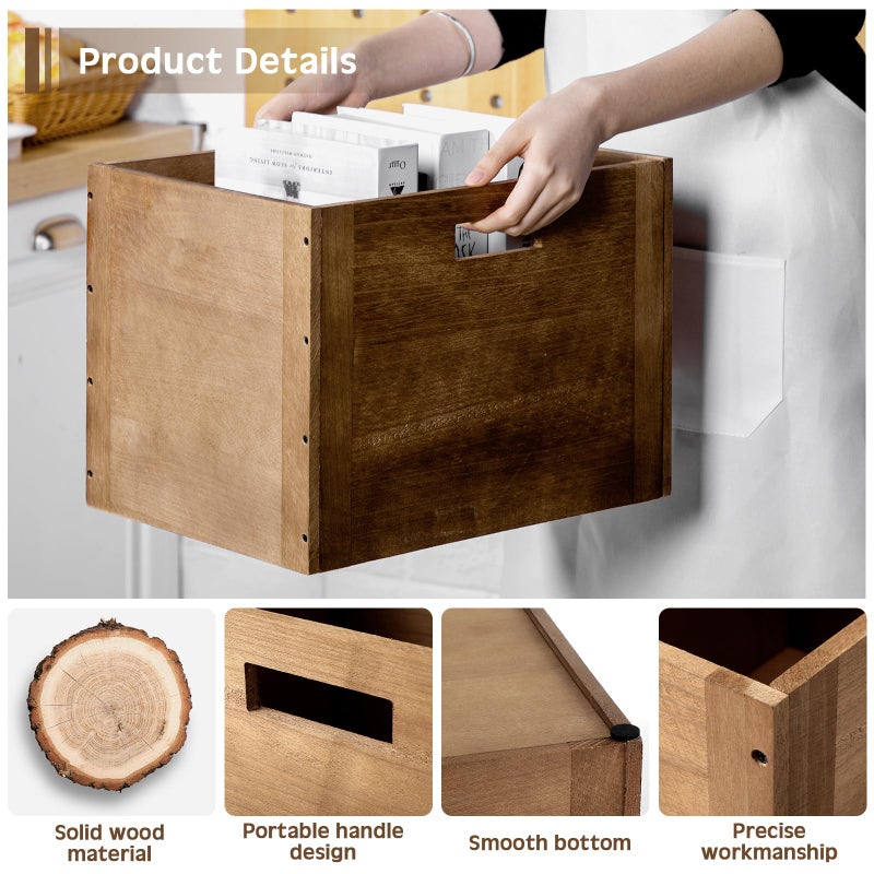 Menkxi 4 Pcs Stackable Wood Storage Cube for Shelves Closet Wooden Bins Box Wood Crates Storage Baskets Container for Toy Books Clothes Home Office, Dark Brown(14 x 10 x 10 Inch) - Image 4