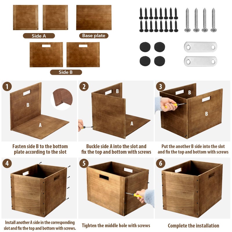Menkxi 4 Pcs Stackable Wood Storage Cube for Shelves Closet Wooden Bins Box Wood Crates Storage Baskets Container for Toy Books Clothes Home Office, Dark Brown(14 x 10 x 10 Inch) - Image 3