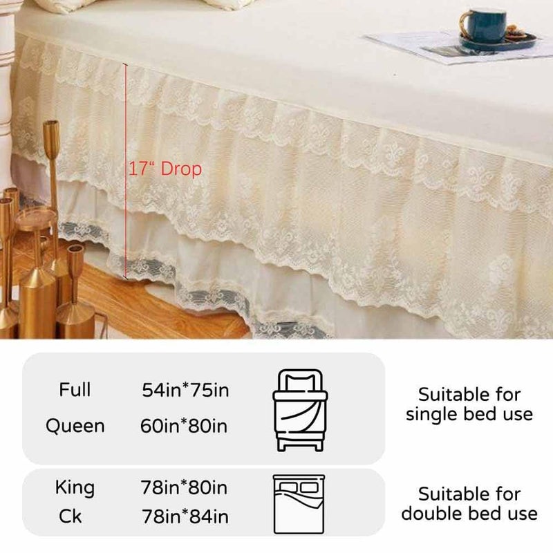 YingXue Double Lace Bed Skirt for Queen Bed - 17in. Drop, Easy Fit Ruffle Bedskirt Wrap Around Bed Skirt, Anti Wrinkle & Fade Resistant - Image 2