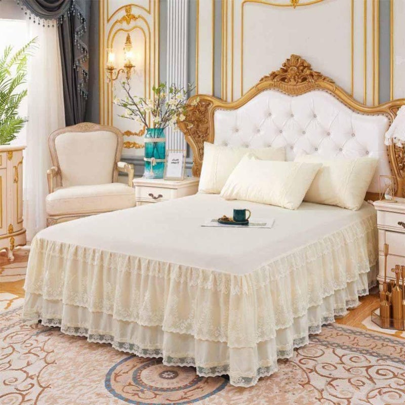 YingXue Double Lace Bed Skirt for Queen Bed - 17in. Drop, Easy Fit Ruffle Bedskirt Wrap Around Bed Skirt, Anti Wrinkle & Fade Resistant - Image 1