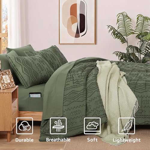 WRENSONGE King Size Comforter Set with Sheets - 7 Pieces Olive Green Tufted Bed in a Bag King Shabby Chic Bedding Sets with 1 Comforter, 2 Sheets, 2 Pillowcases & 2 Shams - Image 4