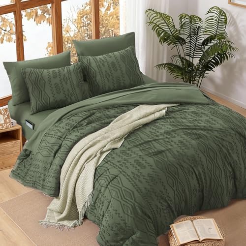 WRENSONGE King Size Comforter Set with Sheets - 7 Pieces Olive Green Tufted Bed in a Bag King Shabby Chic Bedding Sets with 1 Comforter, 2 Sheets, 2 Pillowcases & 2 Shams - Image 3