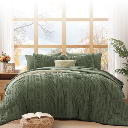 WRENSONGE King Size Comforter Set with Sheets - 7 Pieces Olive Green Tufted Bed in a Bag King Shabby Chic Bedding Sets with 1 Comforter, 2 Sheets, 2 Pillowcases & 2 Shams - Image 2