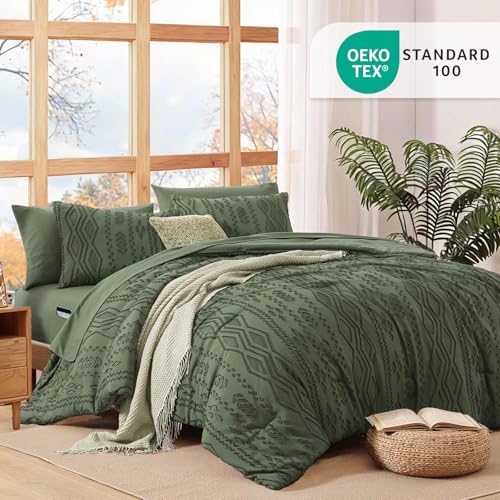 WRENSONGE King Size Comforter Set with Sheets - 7 Pieces Olive Green Tufted Bed in a Bag King Shabby Chic Bedding Sets with 1 Comforter, 2 Sheets, 2 Pillowcases & 2 Shams - Image 5