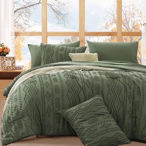 WRENSONGE King Size Comforter Set with Sheets - 7 Pieces Olive Green Tufted Bed in a Bag King Shabby Chic Bedding Sets with 1 Comforter, 2 Sheets, 2 Pillowcases & 2 Shams - Image 1