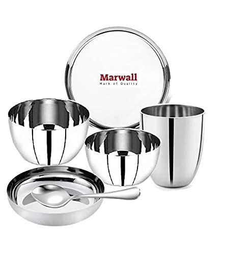 MARWALL Apple Shape Mirror Finish Stainless Steel 6 Pcs Dinner Set1 Plate2 VatiBowls1 Glass1 Spoon1 Halwa Vati - Image 1