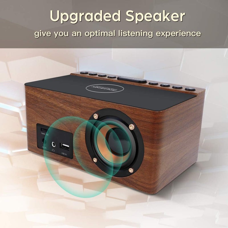 ANJANK Wooden Digital LED Alarm Clock FM Radio, Fast Wireless Charger Station for iPhone/Samsung Galaxy, 5 Level Dimmer, USB Charging Port, 9 Sounds, Sleep Timer for Bedroom, Bedside, Desk - Image 5