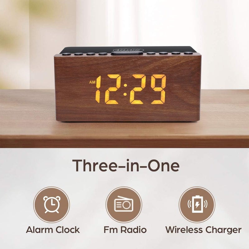 ANJANK Wooden Digital LED Alarm Clock FM Radio, Fast Wireless Charger Station for iPhone/Samsung Galaxy, 5 Level Dimmer, USB Charging Port, 9 Sounds, Sleep Timer for Bedroom, Bedside, Desk - Image 2