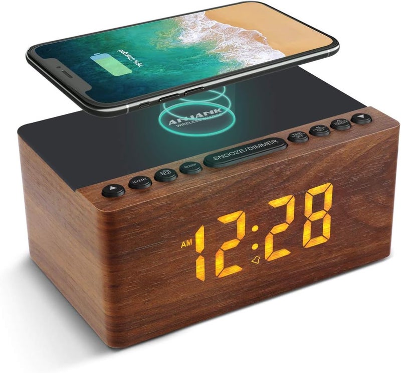 ANJANK Wooden Digital LED Alarm Clock FM Radio, Fast Wireless Charger Station for iPhone/Samsung Galaxy, 5 Level Dimmer, USB Charging Port, 9 Sounds, Sleep Timer for Bedroom, Bedside, Desk - Image 1