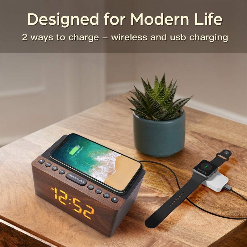ANJANK Wooden Digital LED Alarm Clock FM Radio, Fast Wireless Charger Station for iPhone/Samsung Galaxy, 5 Level Dimmer, USB Charging Port, 9 Sounds, Sleep Timer for Bedroom, Bedside, Desk - Image 3