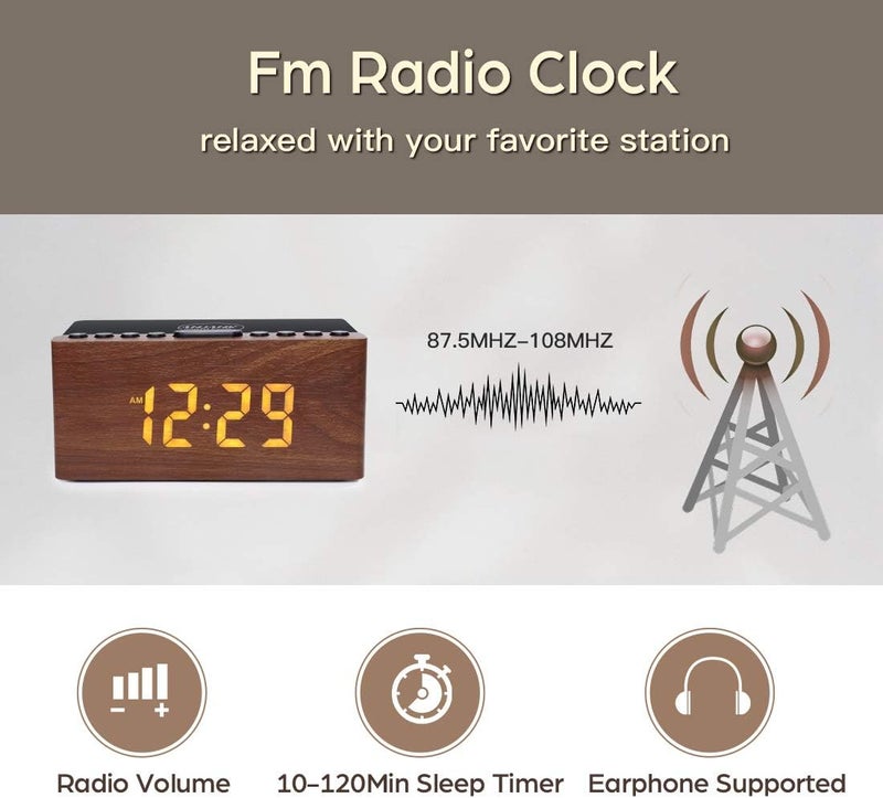 ANJANK Wooden Digital LED Alarm Clock FM Radio, Fast Wireless Charger Station for iPhone/Samsung Galaxy, 5 Level Dimmer, USB Charging Port, 9 Sounds, Sleep Timer for Bedroom, Bedside, Desk - Image 4