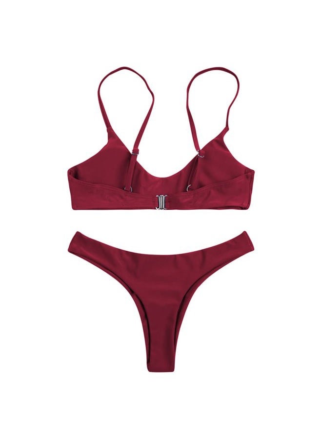 SherryDC Women's Solid Scoop Neck Push Up Padded Brazilian Thong Bikini Swimsuit,Wine Red,(US 2-4) S - Image 3