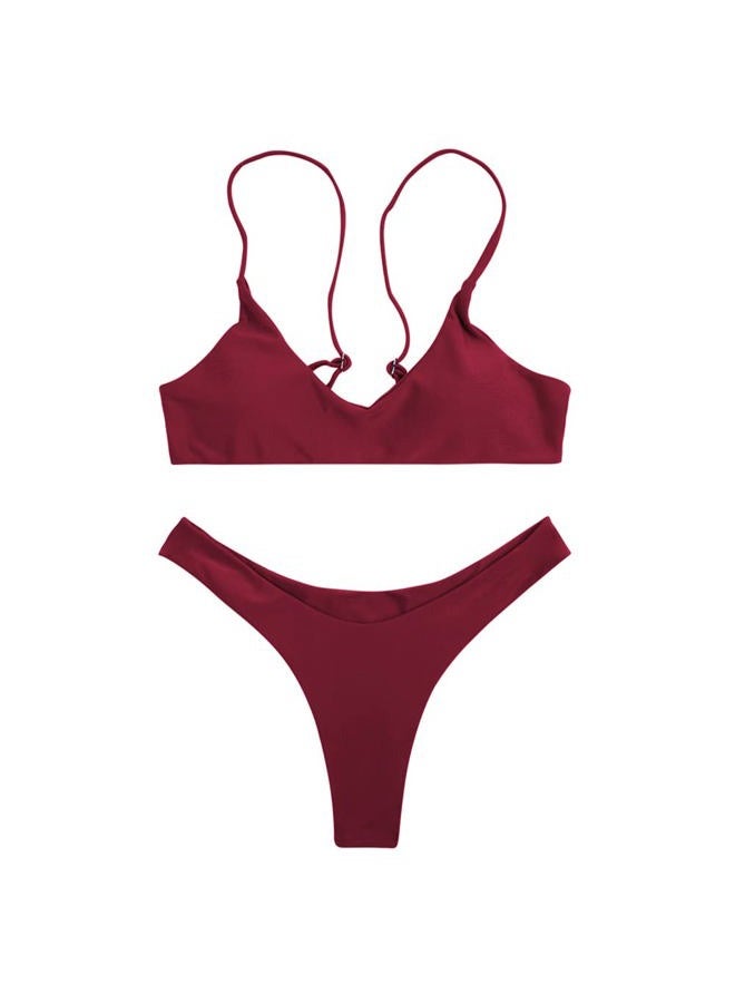 SherryDC Women's Solid Scoop Neck Push Up Padded Brazilian Thong Bikini Swimsuit,Wine Red,(US 2-4) S - Image 2