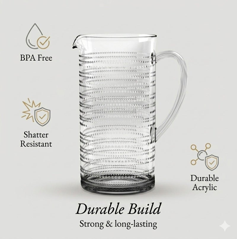TarHong Beaded 95oz Clear Acrylic Pitcher with Handle – Durable BPA-Free Shatter Resistant Water Jug, Elegant Textured Design for Juice, Lemonade, Iced Tea, Milk & Cold Drinks, Indoor Outdoor Reusable Drinkware - Image 2