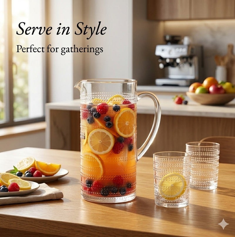 TarHong Beaded 95oz Clear Acrylic Pitcher with Handle – Durable BPA-Free Shatter Resistant Water Jug, Elegant Textured Design for Juice, Lemonade, Iced Tea, Milk & Cold Drinks, Indoor Outdoor Reusable Drinkware - Image 5