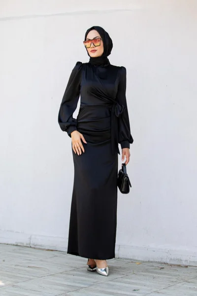 تستور شارشم Hijab Bazaar Nesy Double Breasted Robe Satin Evening Dress-Black