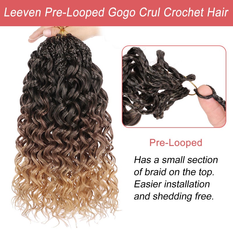 Leeven 10 Inch Gogo Curl Crochet Hair 8 Packs Ombre Brown to Honey Blonde Ocean Wave Crochet Hair Pre Looped Deep Twist Goddess Box Braids Short Curly Water Wave Synthetic Hair for Women Girl Kids - Image 2