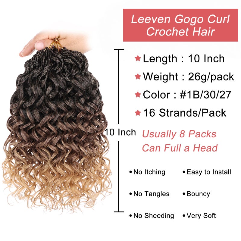 Leeven 10 Inch Gogo Curl Crochet Hair 8 Packs Ombre Brown to Honey Blonde Ocean Wave Crochet Hair Pre Looped Deep Twist Goddess Box Braids Short Curly Water Wave Synthetic Hair for Women Girl Kids - Image 3